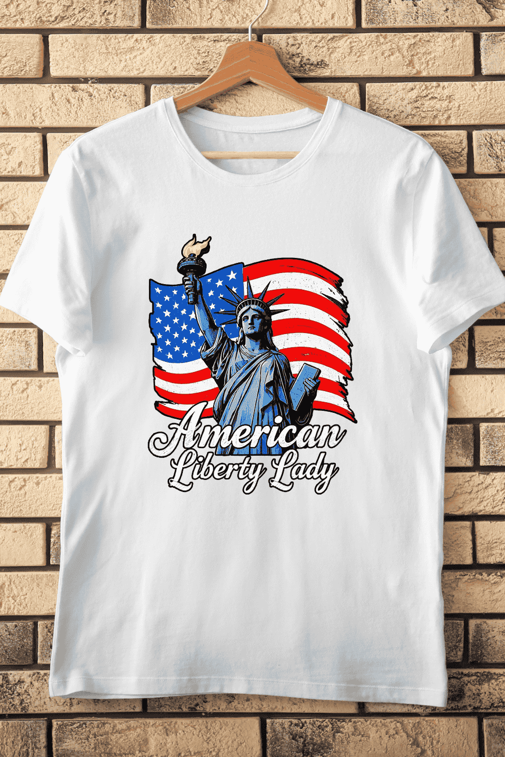 Statue of Liberty with American Flag T-Shirt Design pinterest preview image.
