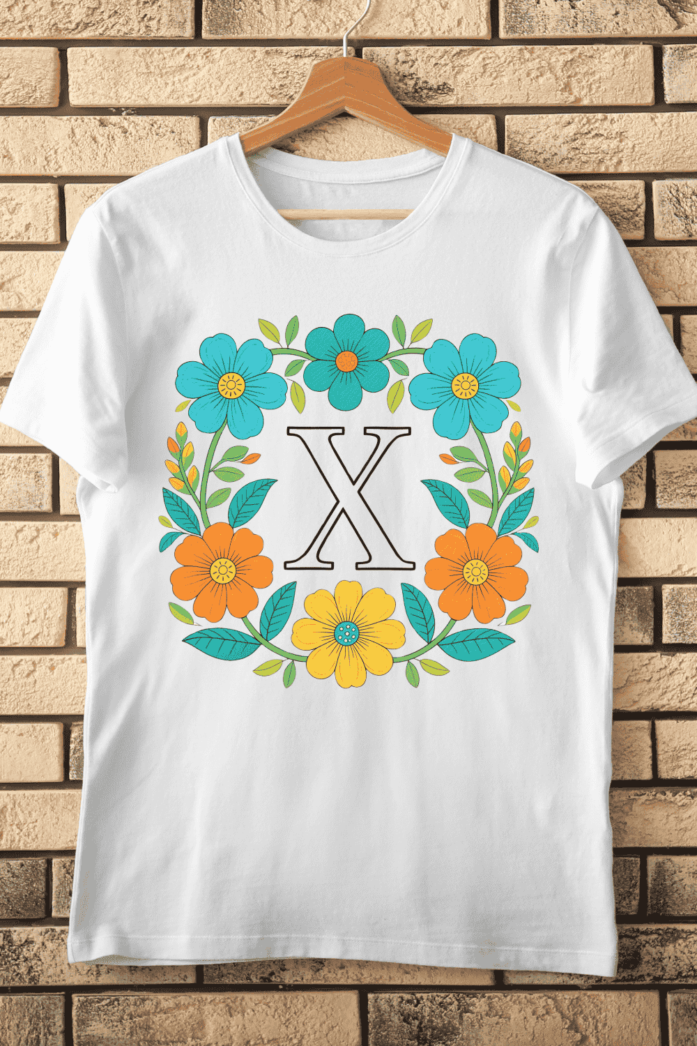 Colorful Floral Letter X Frame - Bright Blooms T-Shirt Design pinterest preview image.