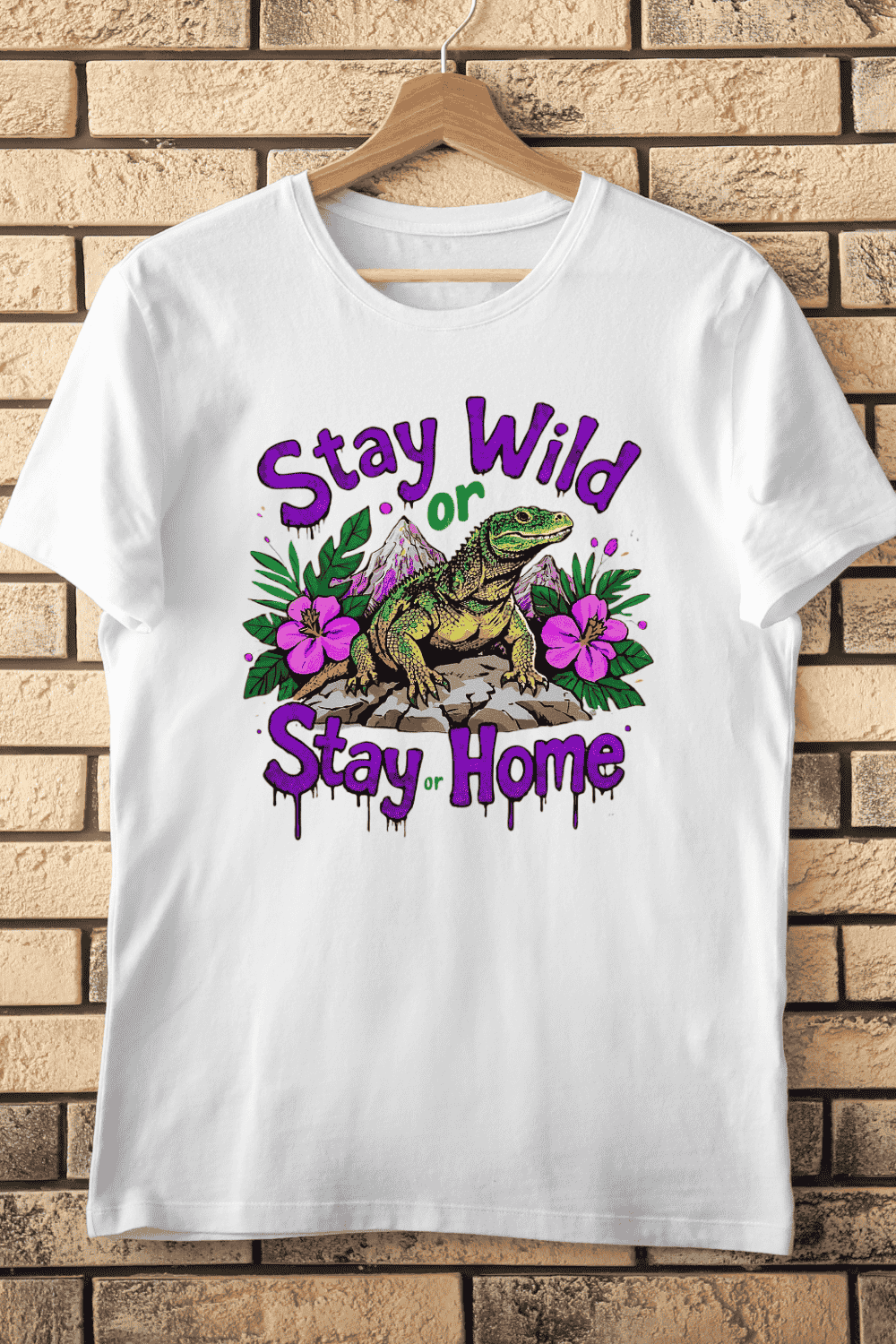Stay Wild or Stay Home Iguana T-Shirt Design pinterest preview image.