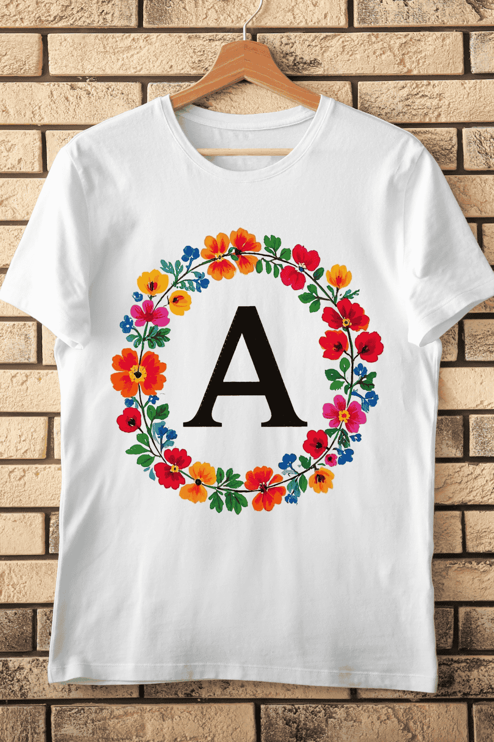 Letter A in Colorful Floral Wreath Bright Blooms T-Shirt Design pinterest preview image.
