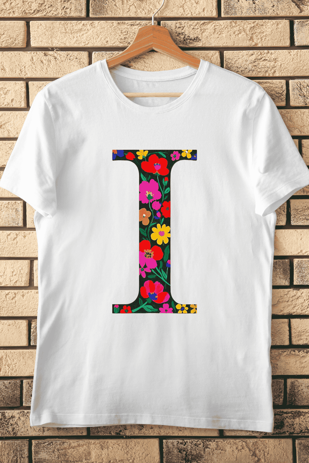 Colorful Flower Pattern Letter I T-Shirt Design pinterest preview image.