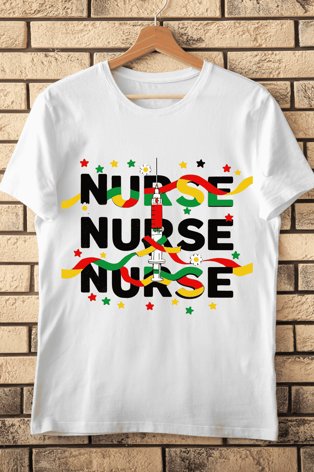 Medical Syringe with Layered Nurse and Colorful Accents T-Shirt Design pinterest preview image.