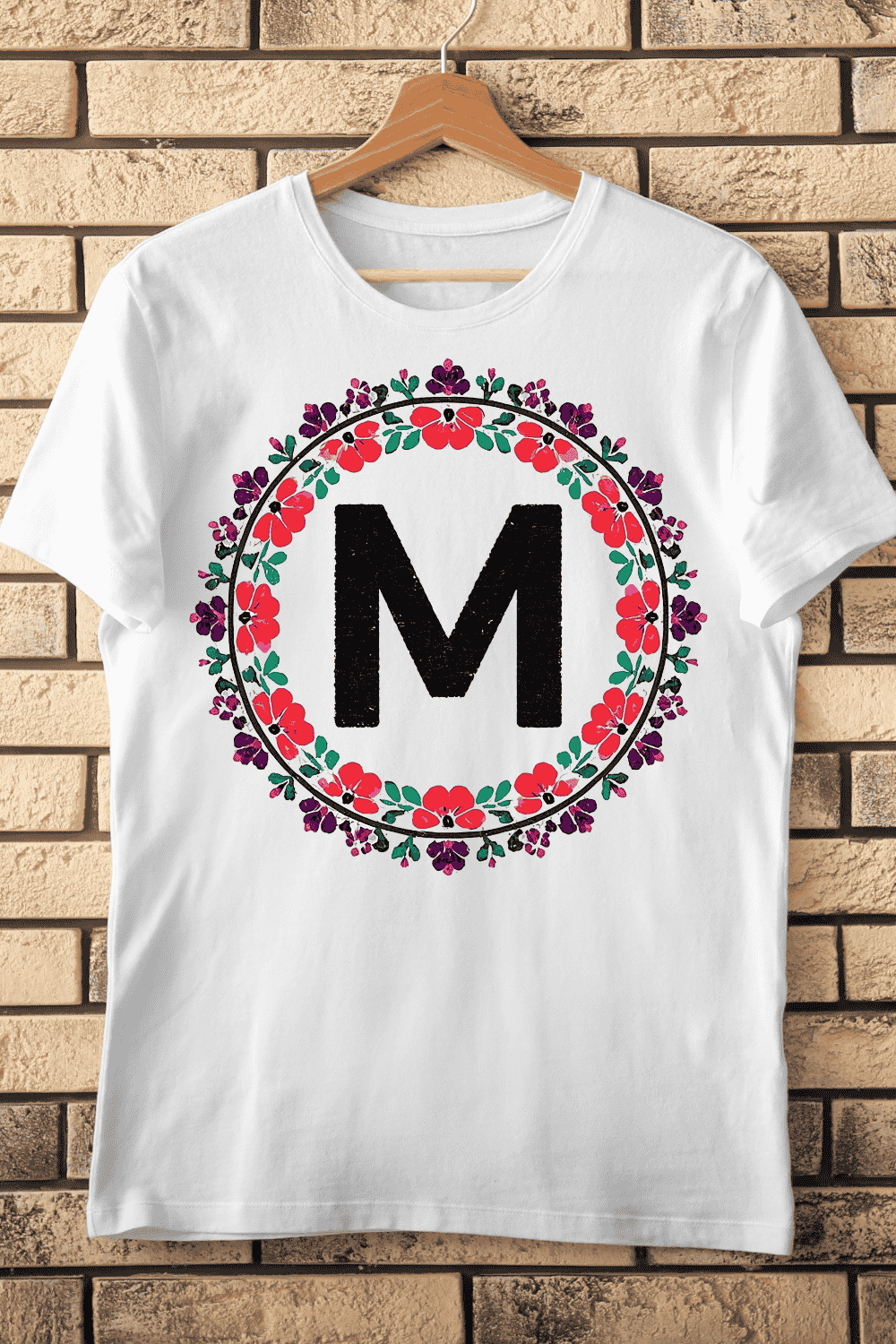 Floral Wreath Monogram Letter M T-Shirt Design pinterest preview image.
