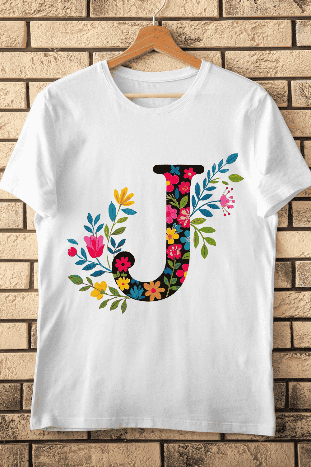 Colorful Flower Alphabet J T-Shirt Design pinterest preview image.