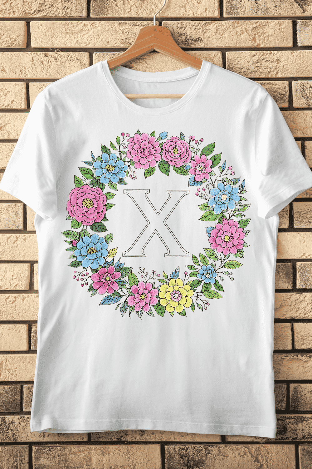 Colorful Letter X in Decorative Floral Circle T-Shirt Design pinterest preview image.