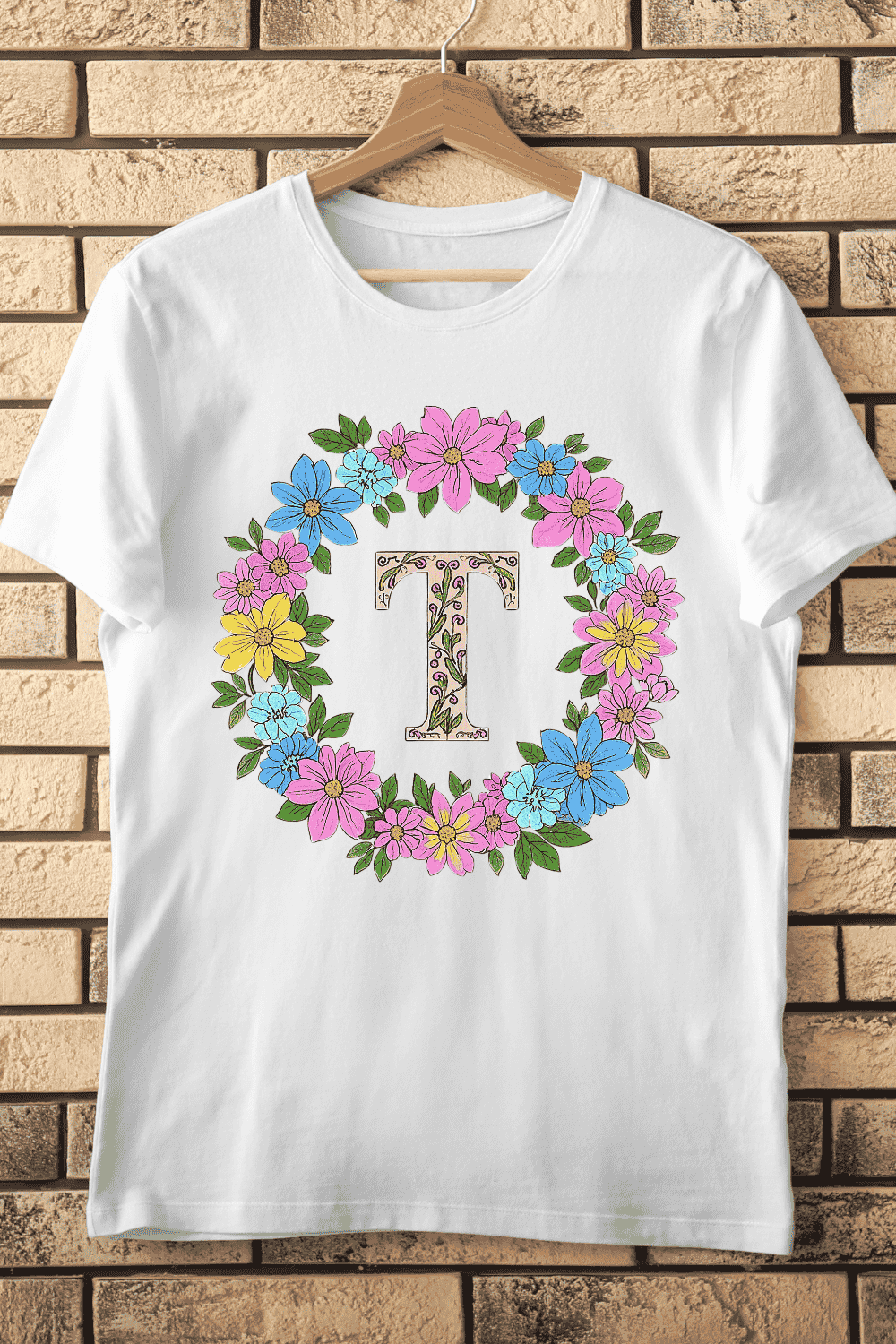 Bold Black T with Colorful Flower Frame T-Shirt Design pinterest preview image.