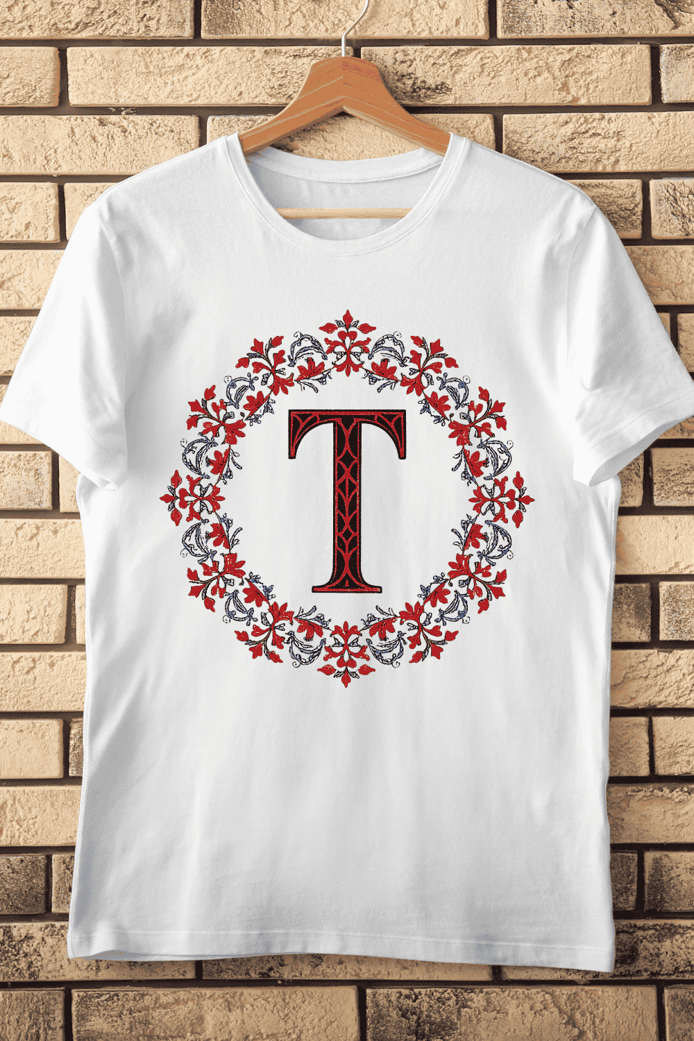 Ornate Floral Alphabet Letter T Wreath T-Shirt Design pinterest preview image.