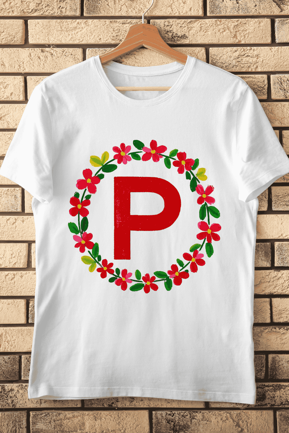 Red Letter P Floral Wreath T-Shirt Design pinterest preview image.