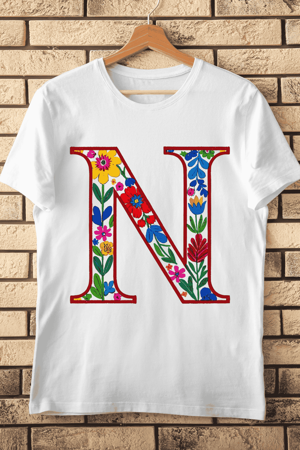 Floral Letter N Colorful Alphabet T-Shirt Design pinterest preview image.