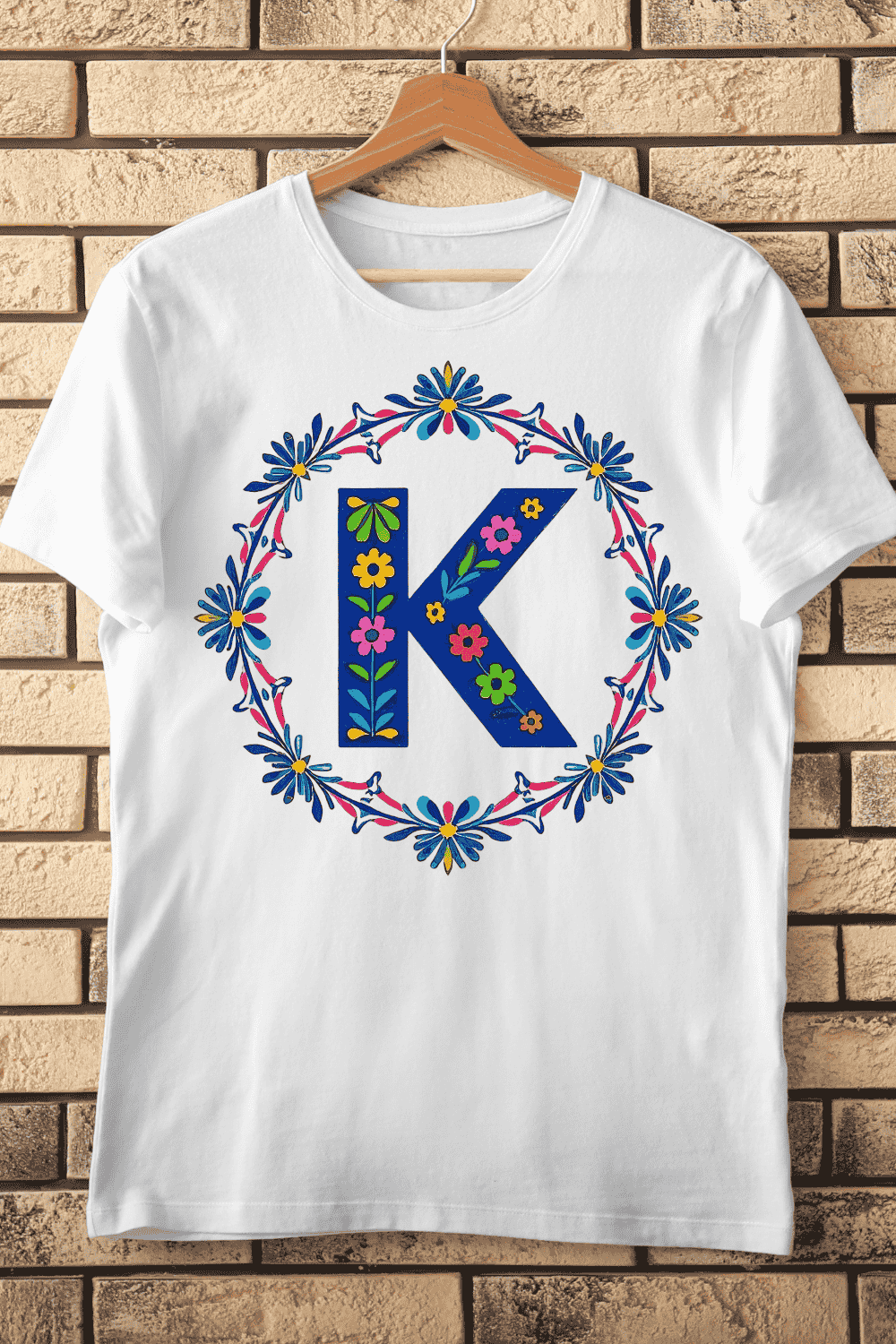 Decorated Alphabet K with Flowers T-Shirt Design pinterest preview image.