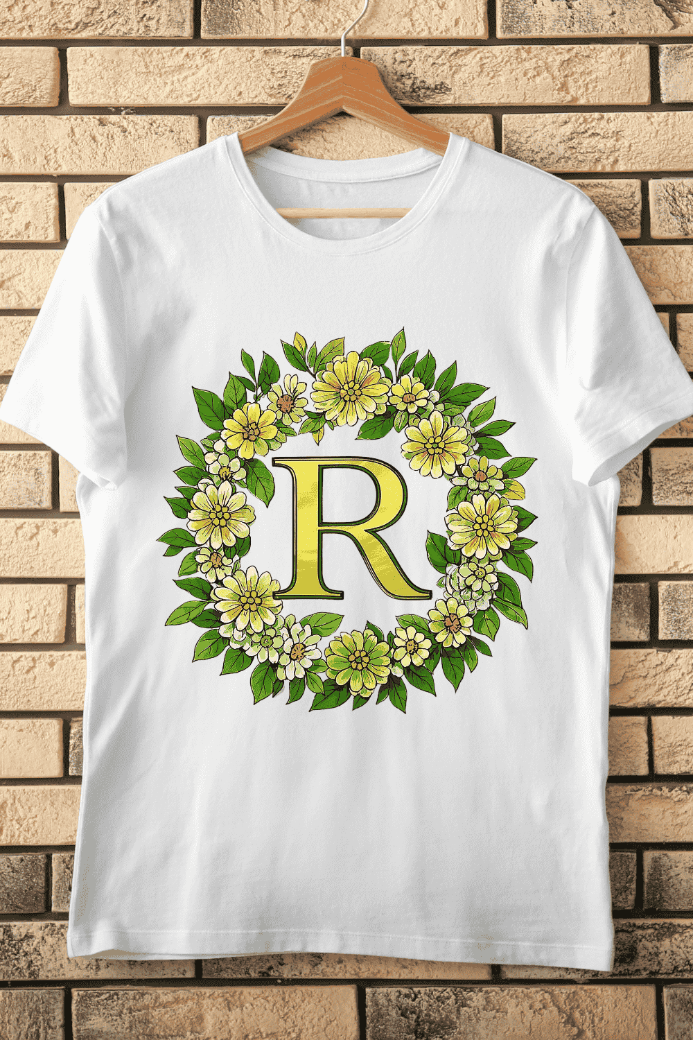 Decorative Letter R with Yellow Flowers T-Shirt Design pinterest preview image.