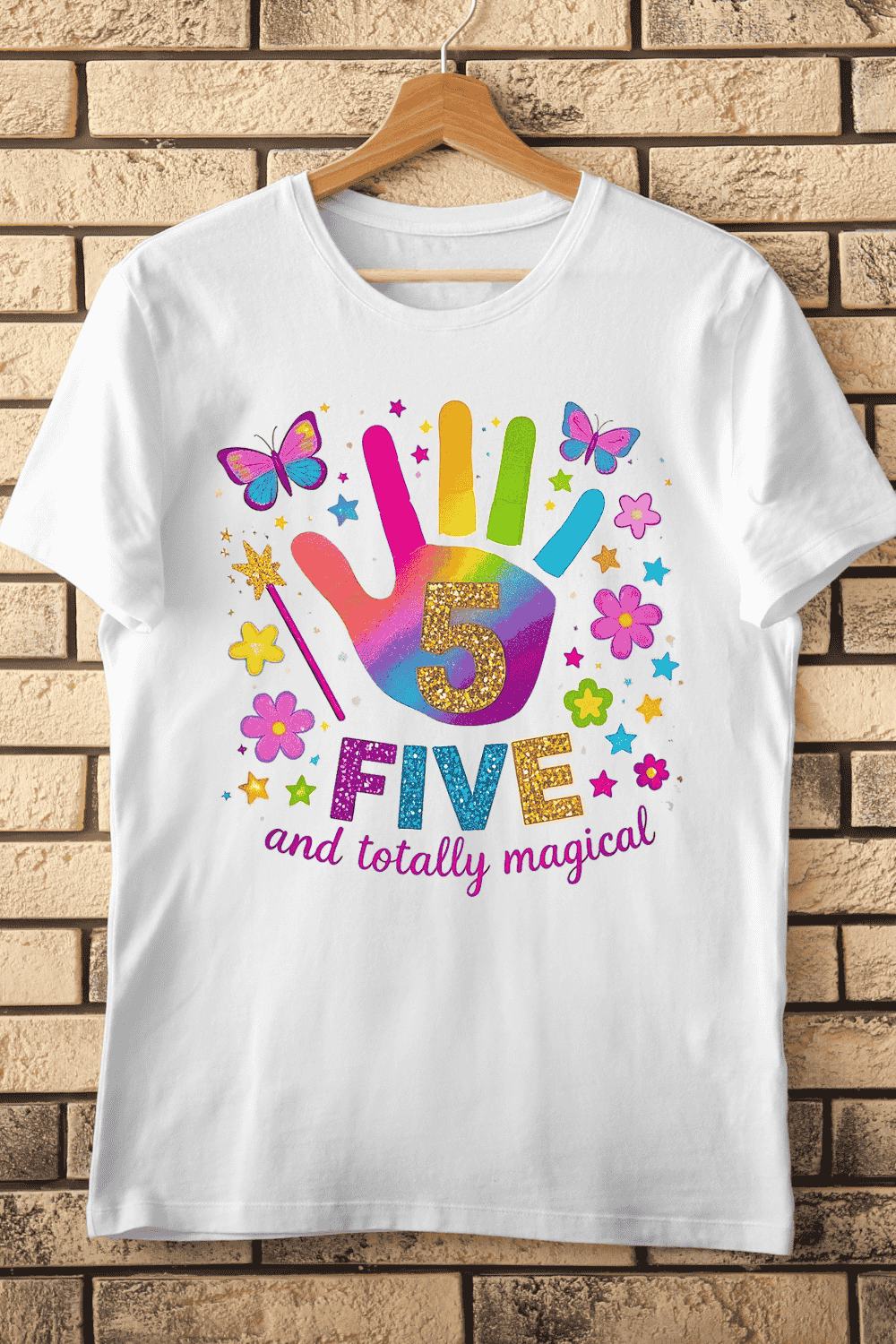 Cute 5th Birthday Handprint Art T-Shirt Design pinterest preview image.
