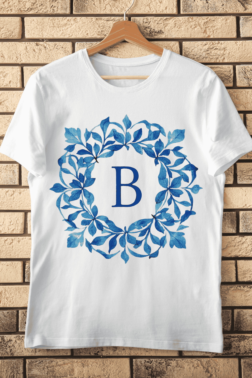 Letter B in Blue Leaf Wreath T-Shirt Design pinterest preview image.