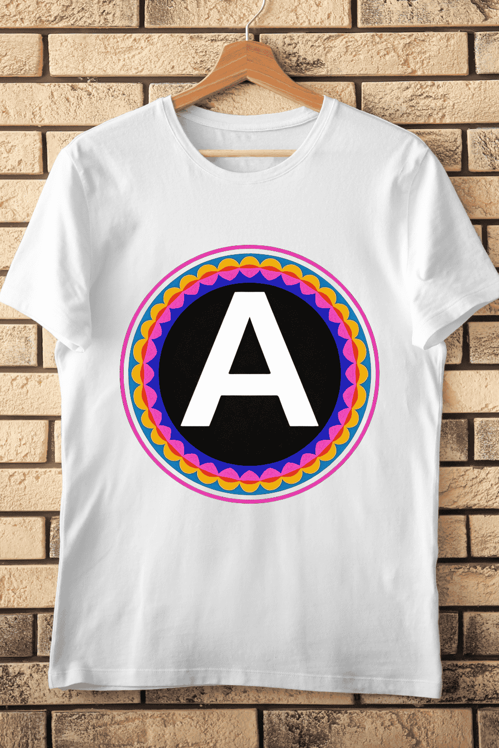 Letter A in Vibrant Geometric Circle Frame T-Shirt Design pinterest preview image.