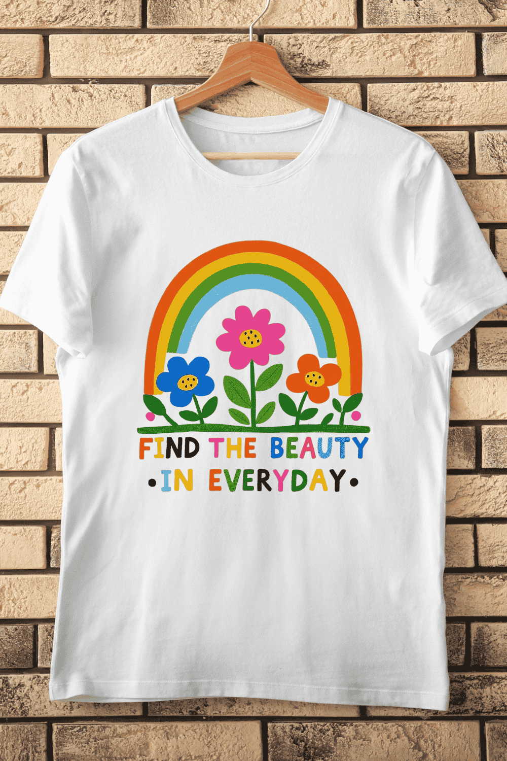 Inspirational Rainbow and Floral T-Shirt Design pinterest preview image.