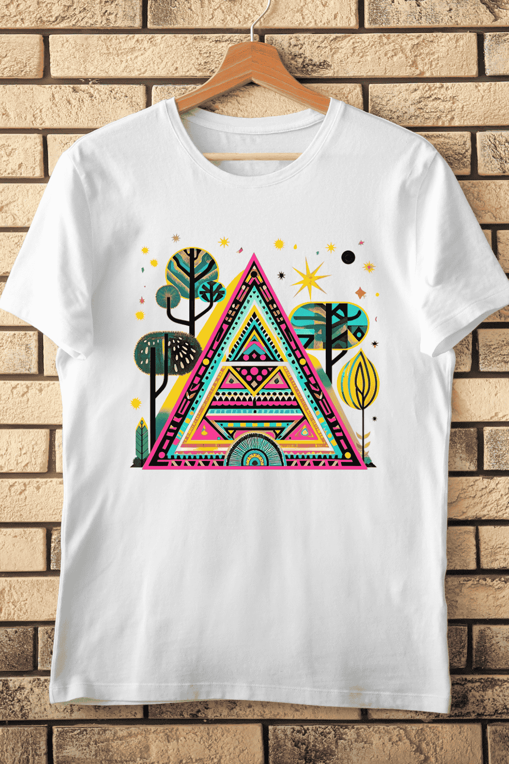 Boho Triangle Botanical T-Shirt Design pinterest preview image.