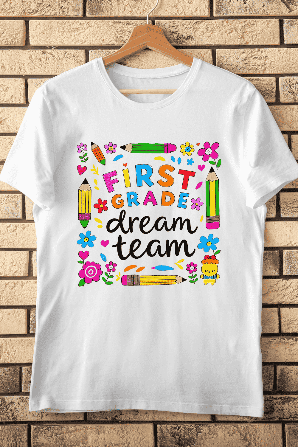 Happy First Grade Art T-Shirt Design pinterest preview image.