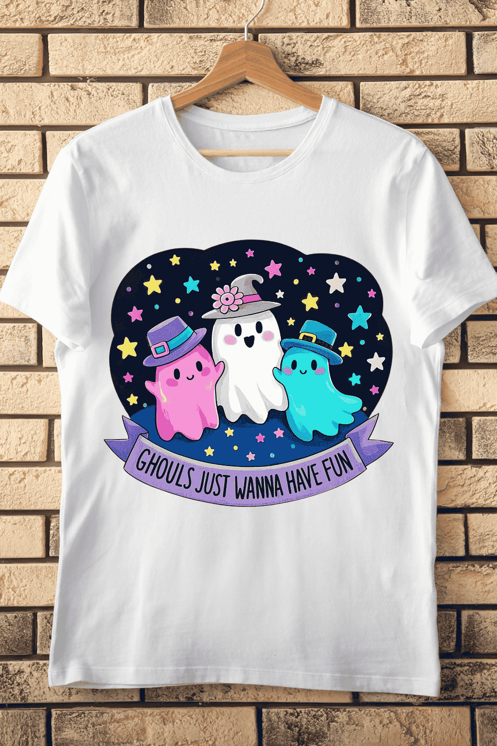 Cute Ghosts Having Fun T-Shirt Design pinterest preview image.