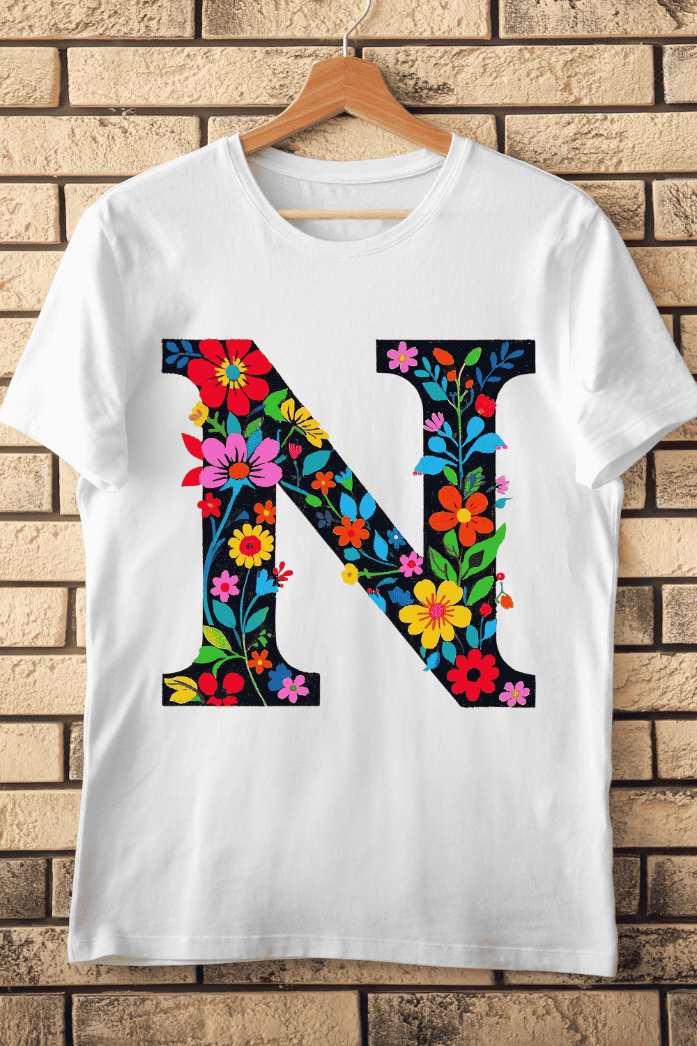 Decorative Letter N with Bright Blooms T-Shirt Design pinterest preview image.
