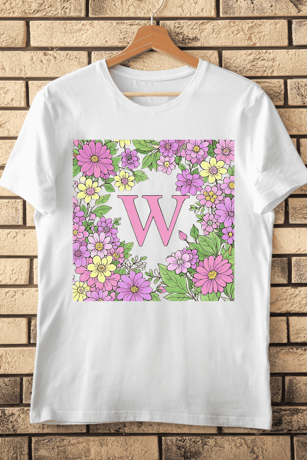 Decorative Monogram W with Colorful Flowers T-Shirt Design pinterest preview image.