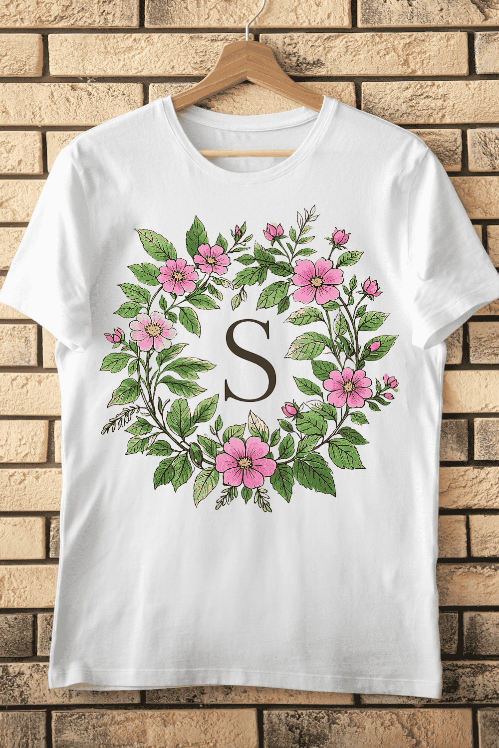 Floral Alphabet Letter S Wreath T-Shirt Design pinterest preview image.