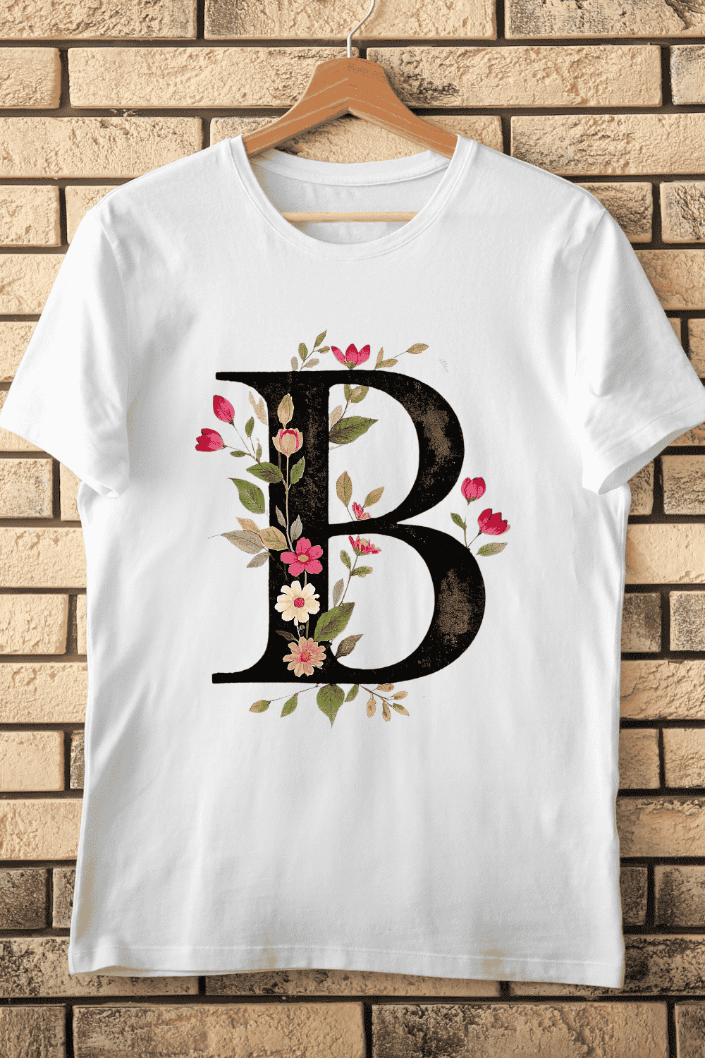 Elegant Floral Letter B Dark Botanical Monogram T-Shirt Design pinterest preview image.