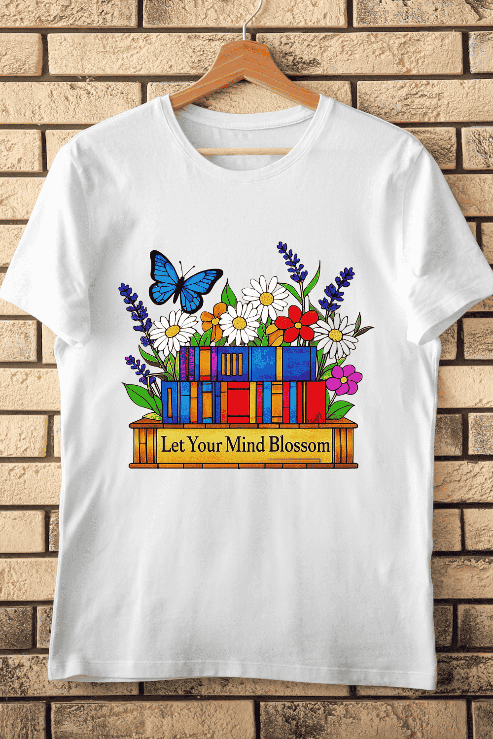 Colorful Stack of Books with Blooming Flowers T-Shirt Design pinterest preview image.