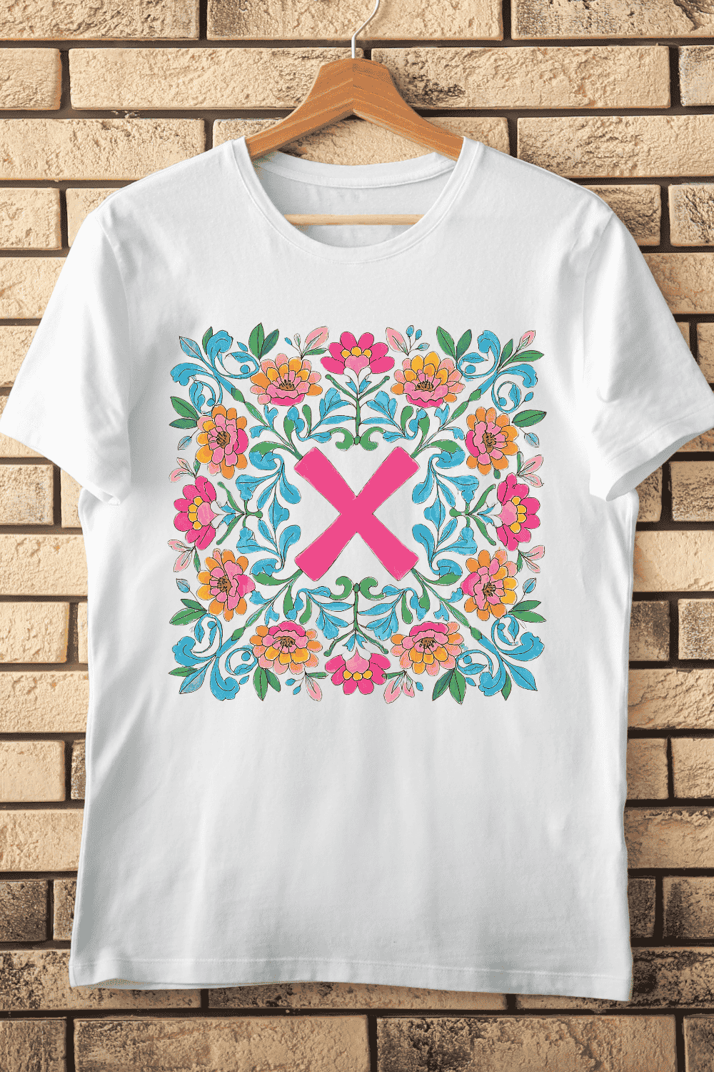 Playful X Initial in Flower Wreath T-Shirt Design pinterest preview image.