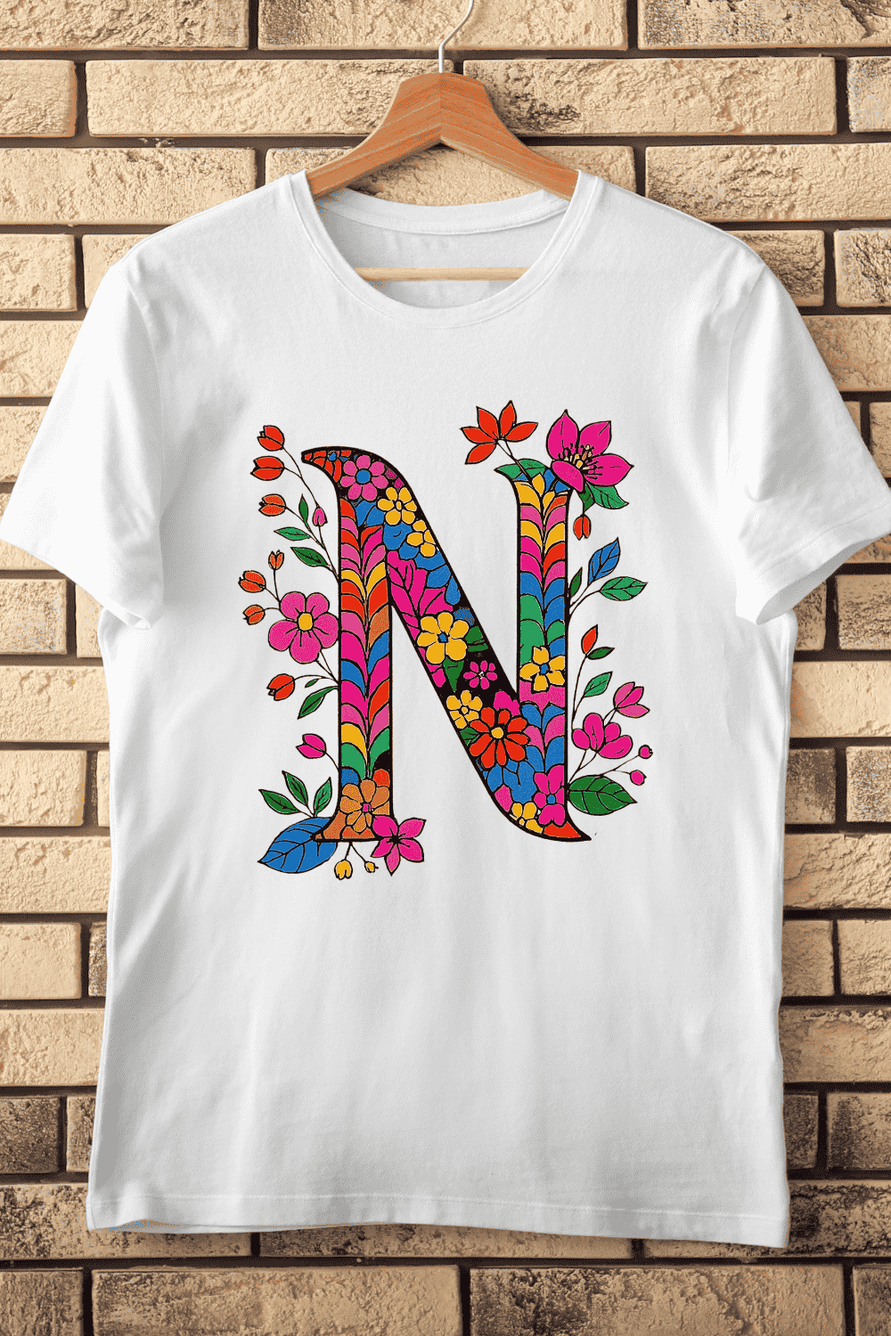 Groovy Flower Filled Letter N T-Shirt Design pinterest preview image.