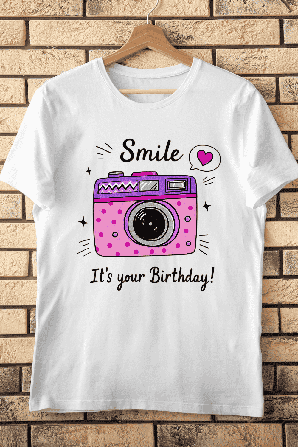 Festive Birthday Camera T-Shirt Design pinterest preview image.