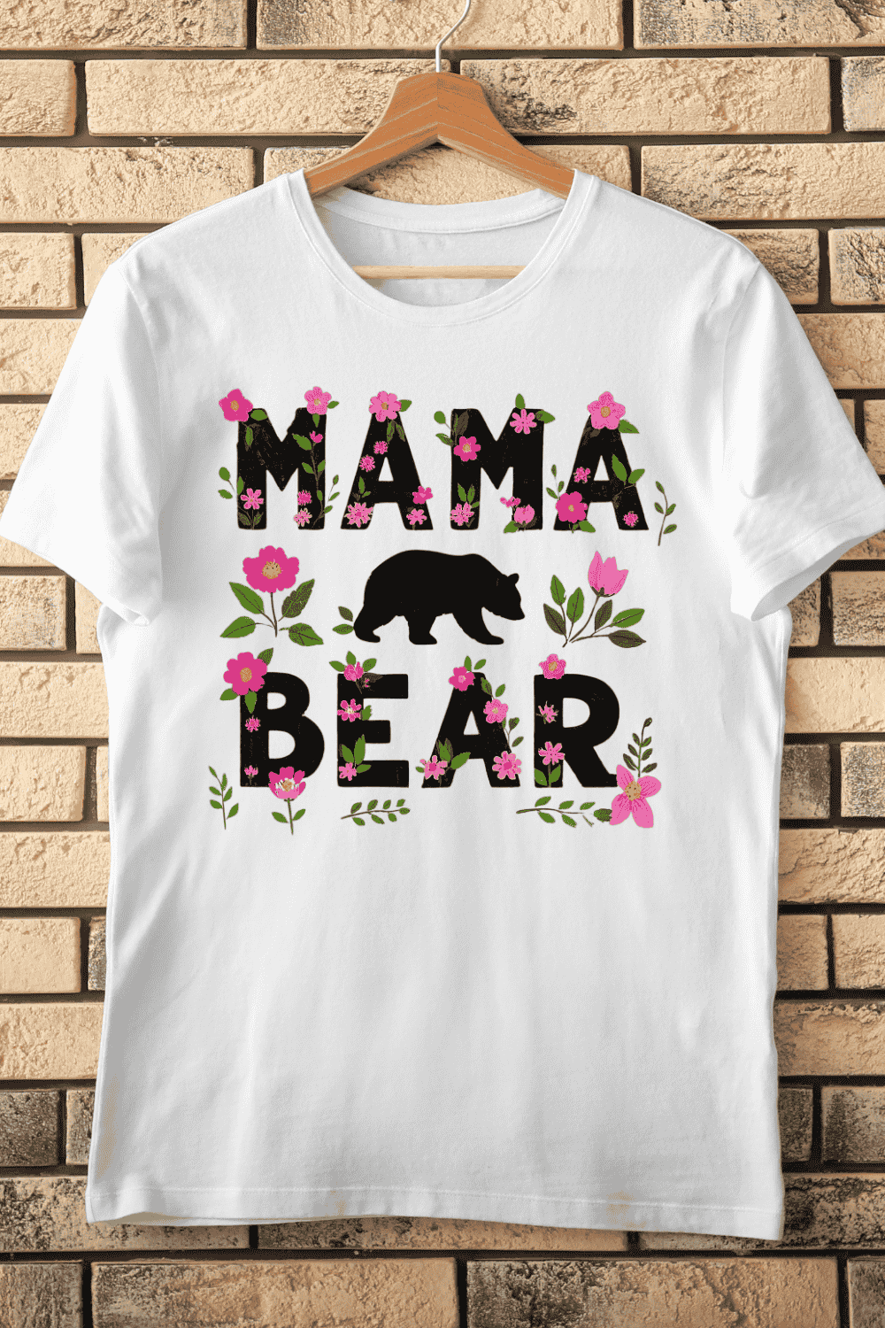 Mama Bear with Flowers and Silhouette T-Shirt Design pinterest preview image.