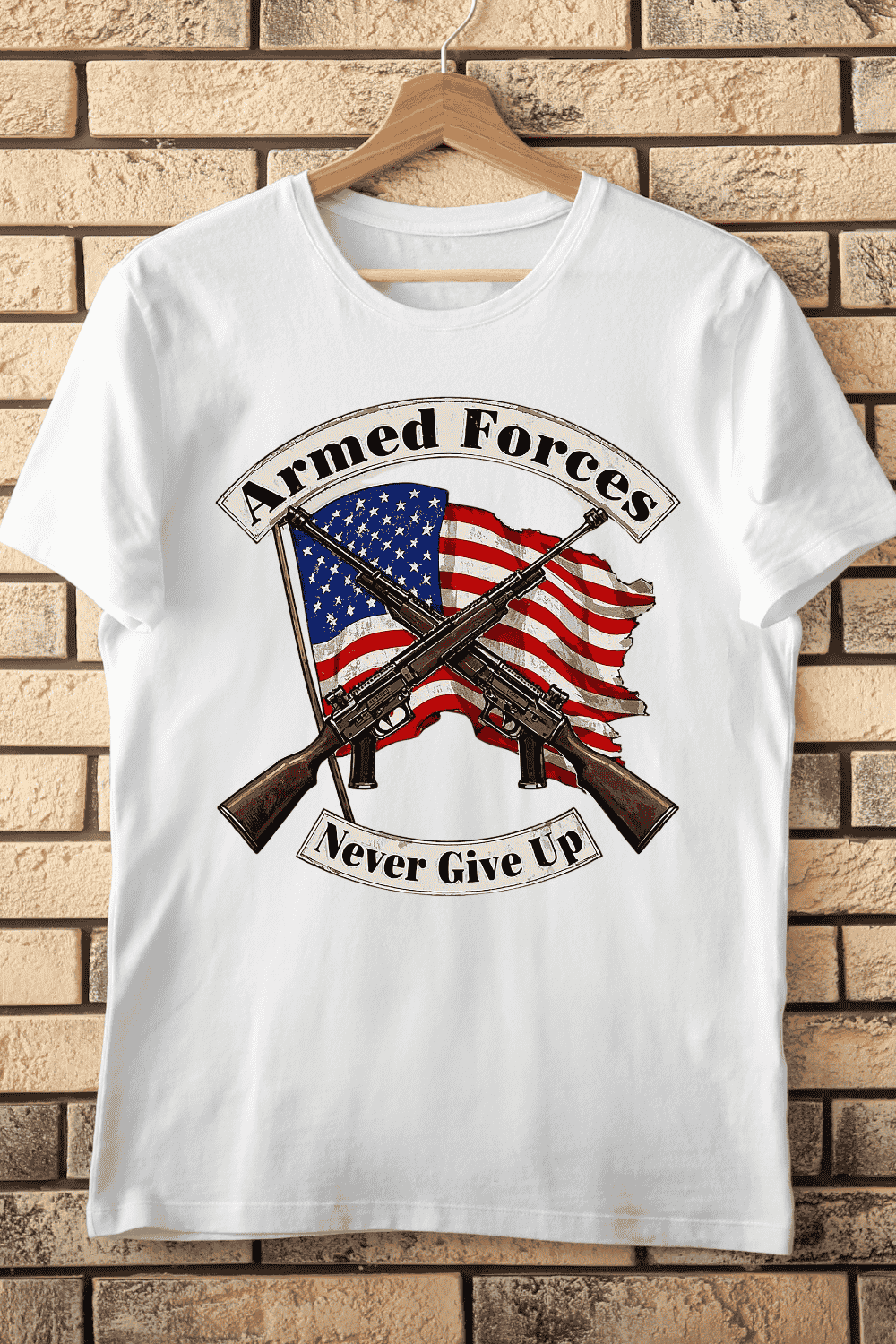 Armed Forces American Flag and Rifles T-Shirt Design pinterest preview image.