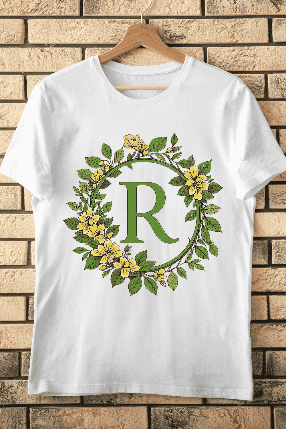 Floral Alphabet Letter R Wreath T-Shirt Design pinterest preview image.