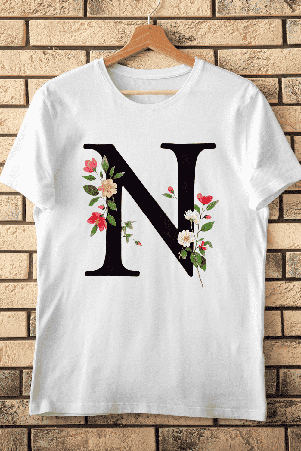 Pink and Red Flower Initial N Alphabet T-Shirt Design pinterest preview image.