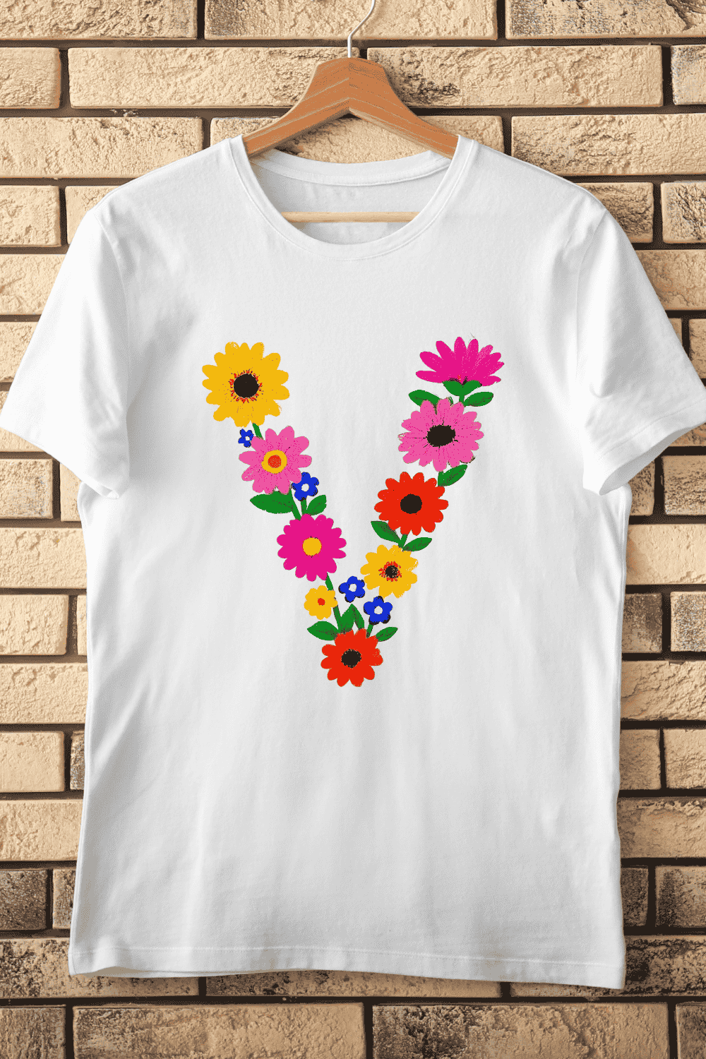 Colorful V Letter with Floral Elements T-Shirt Design pinterest preview image.