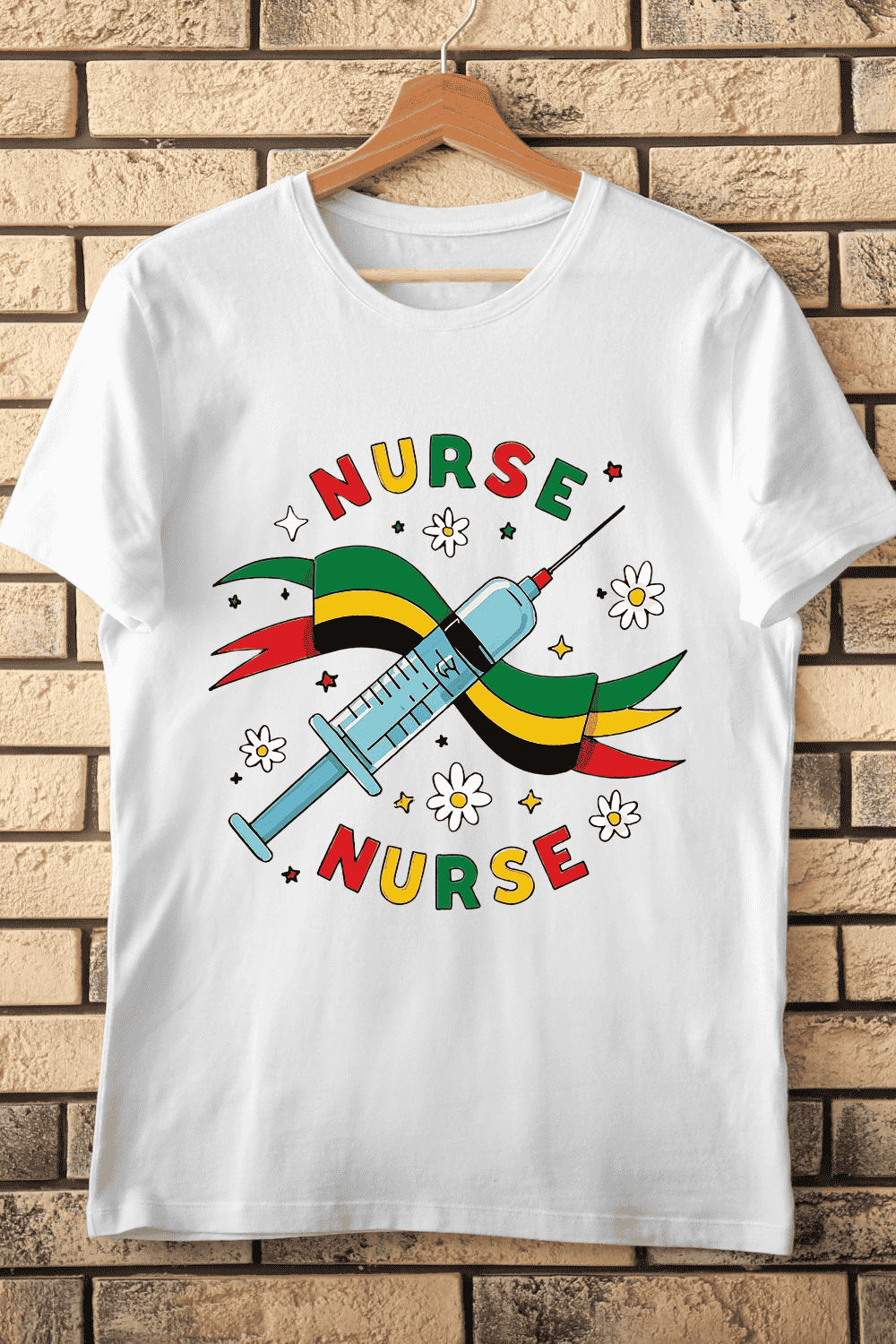 Hand Drawn Syringe and Nurse Text for Medical Projects T-Shirt Design pinterest preview image.