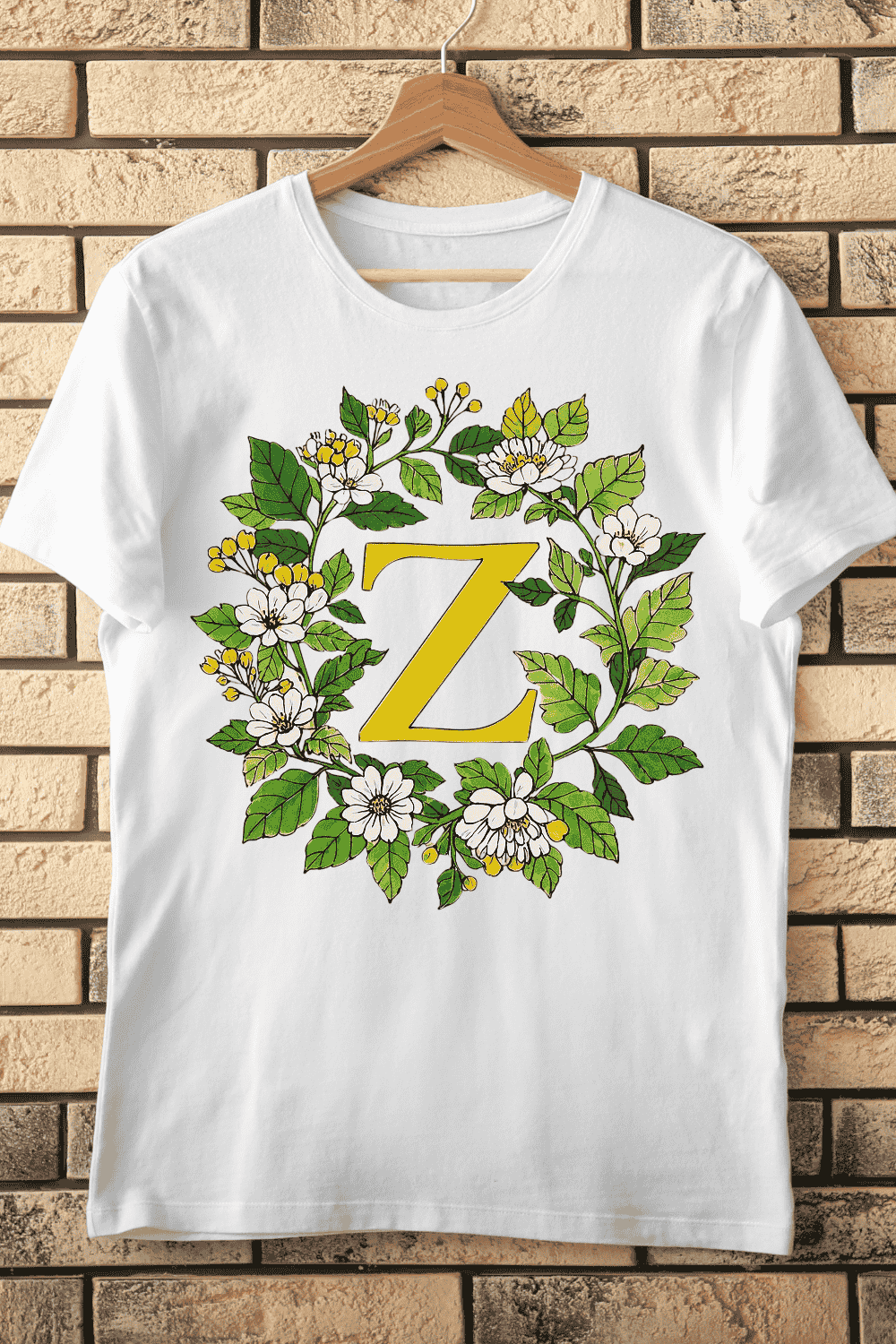 Classic Z Initial in Green Leaf and Flower Frame T-Shirt Design pinterest preview image.