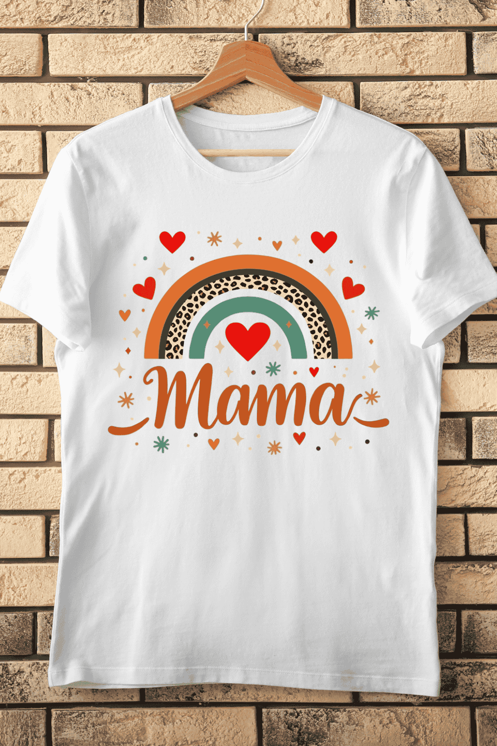 Mama Script with Hearts and Rainbow T-Shirt Design pinterest preview image.