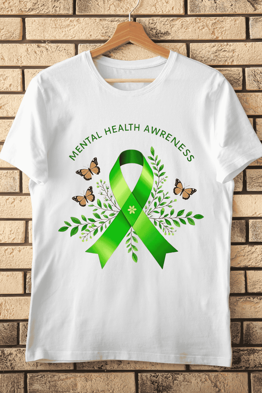 Mental Health Awareness Green Ribbon with Butterflies T-Shirt Design pinterest preview image.