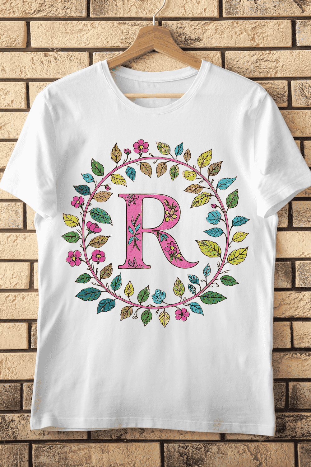 Whimsical Floral Alphabet Letter R Wreath T-Shirt Design pinterest preview image.