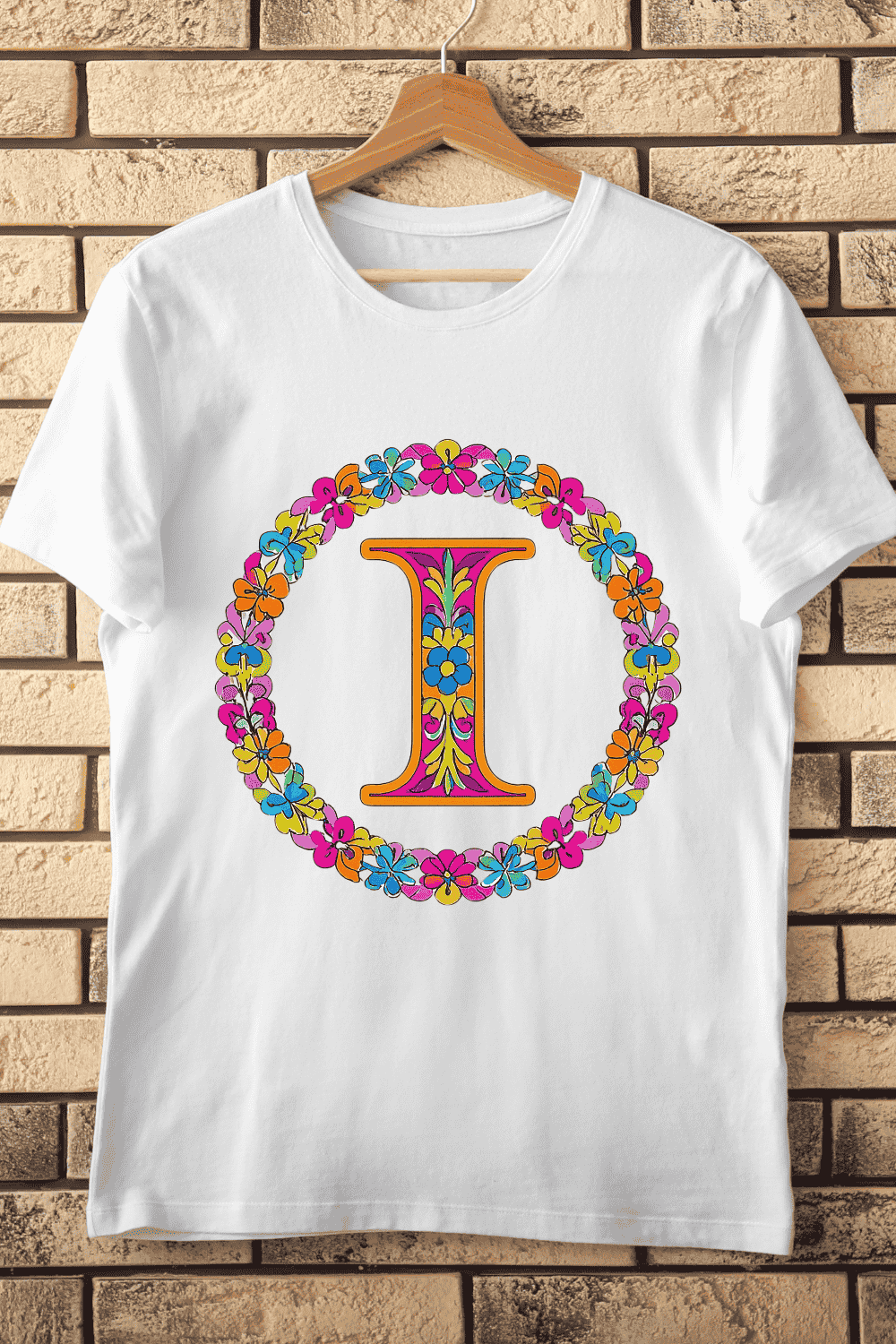 Decorated Alphabet I with Flowers T-Shirt Design pinterest preview image.