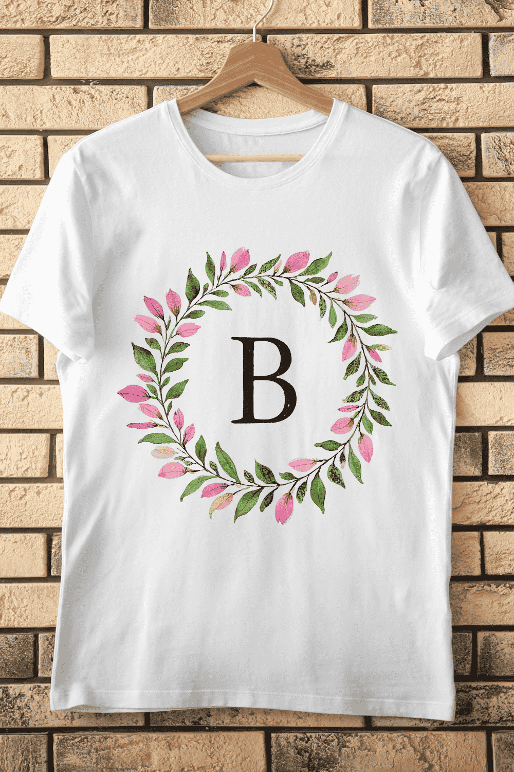 Watercolor Leaf Frame Delicate Alphabet B T-Shirt Design pinterest preview image.
