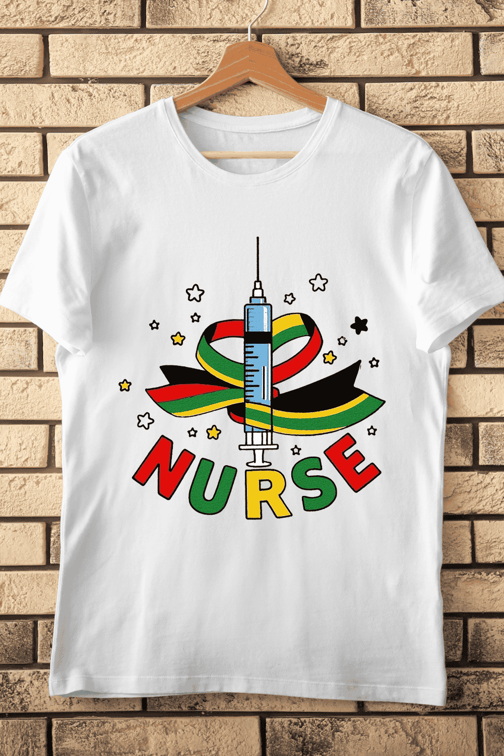 Nurse with Syringe and Flowers T-Shirt Design pinterest preview image.