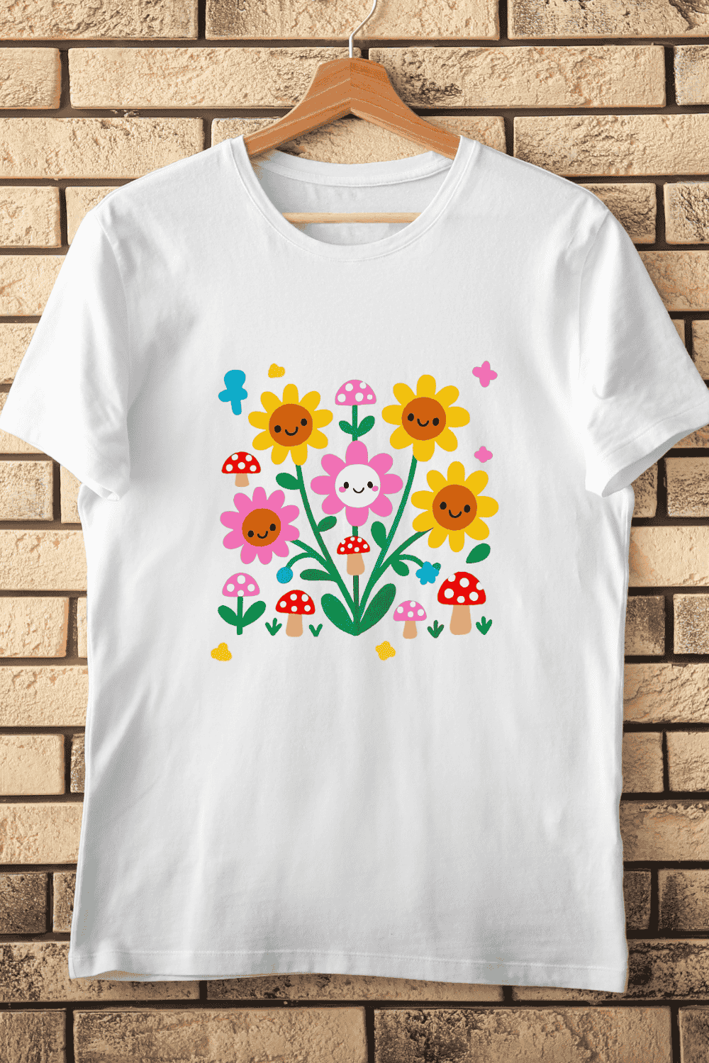 Cute Flowers and Mushrooms T-Shirt Design pinterest preview image.