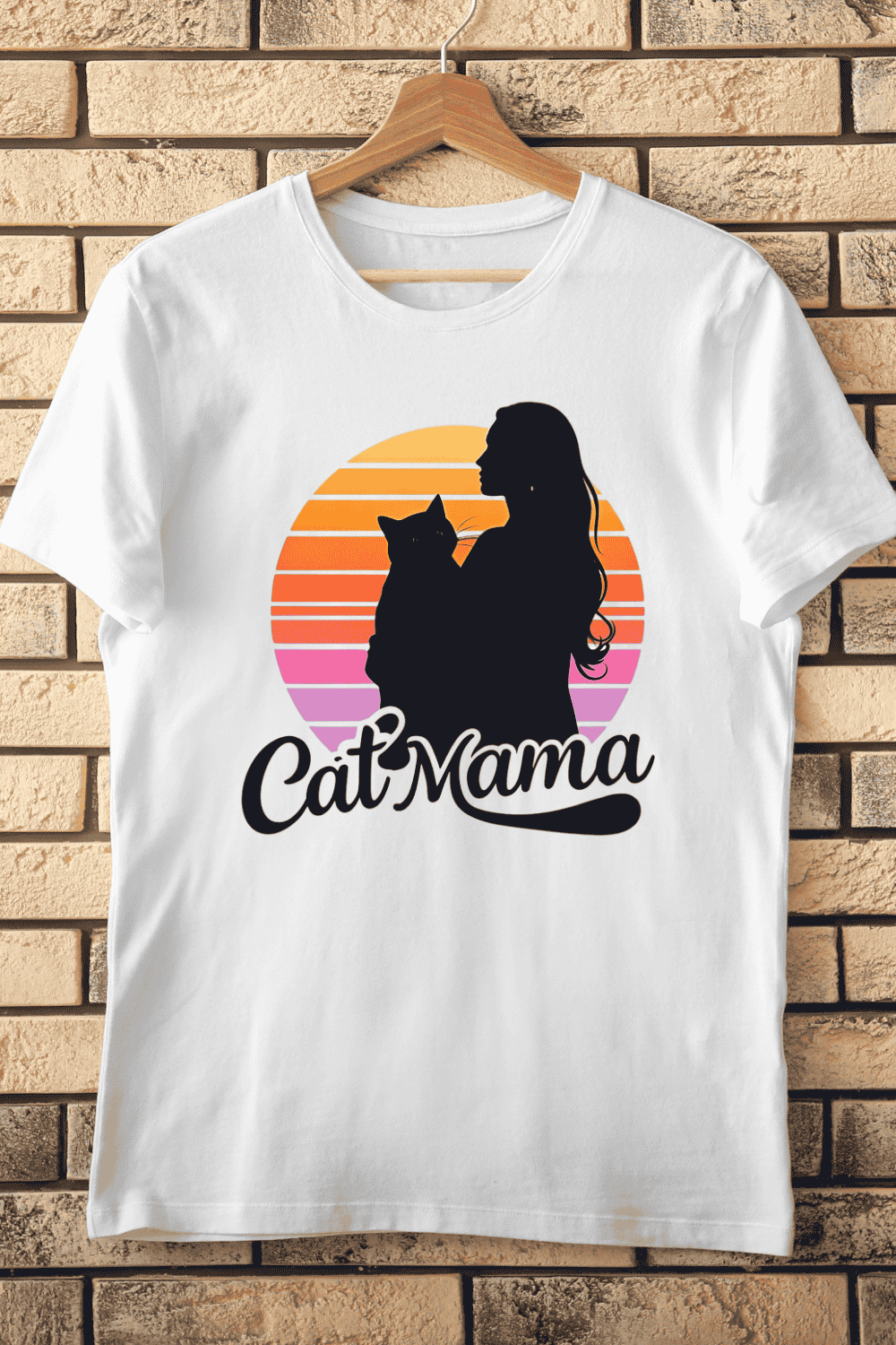 Cat Mama Retro Sunset Silhouette T-Shirt Design pinterest preview image.