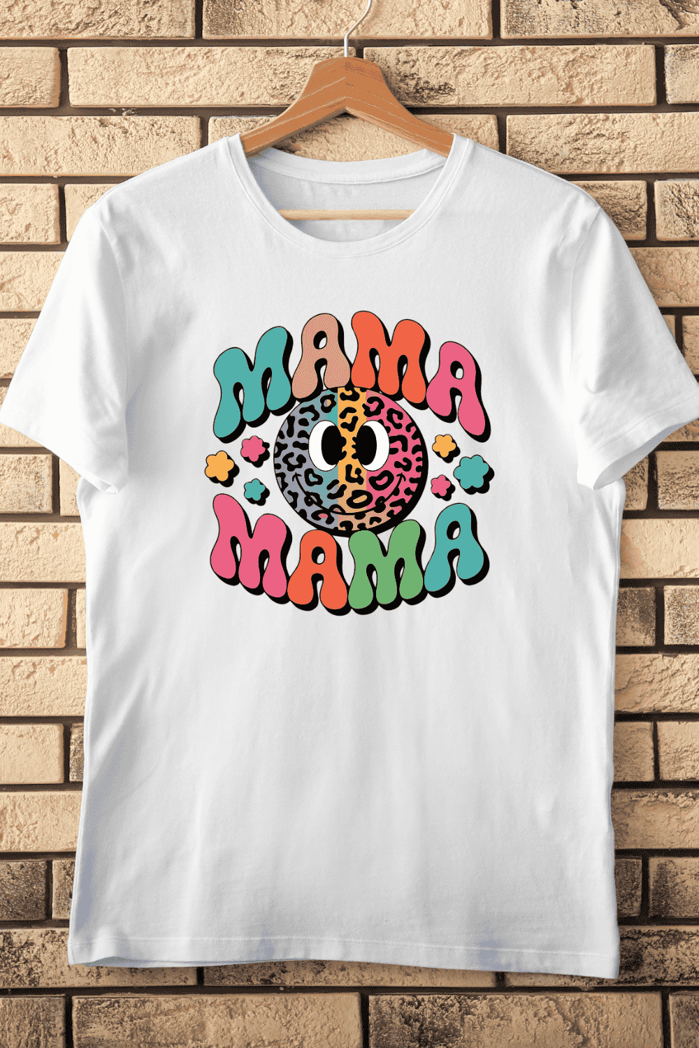 Colorful Retro Mama T-Shirt Design pinterest preview image.