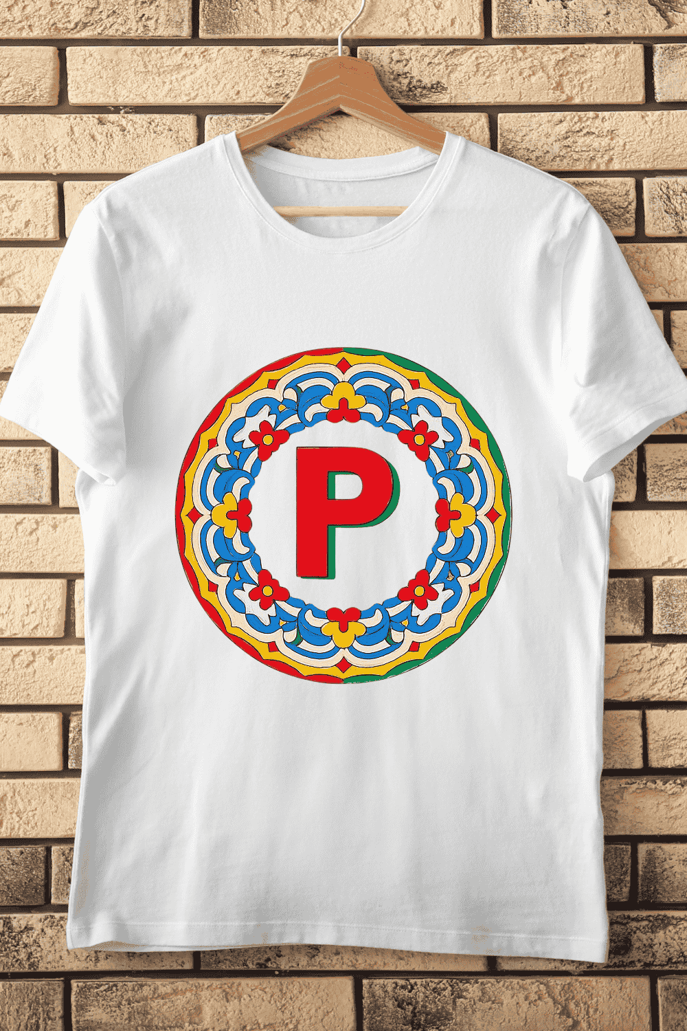 Decorative Letter P with Traditional Floral Border T-Shirt Design pinterest preview image.