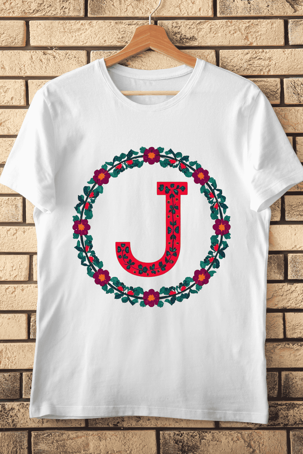Folk Art Floral Letter J T-Shirt Design pinterest preview image.