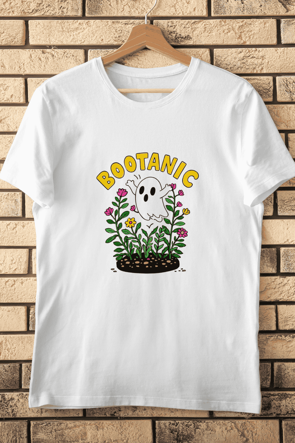Whimsical Ghost with Floral T-Shirt Design pinterest preview image.