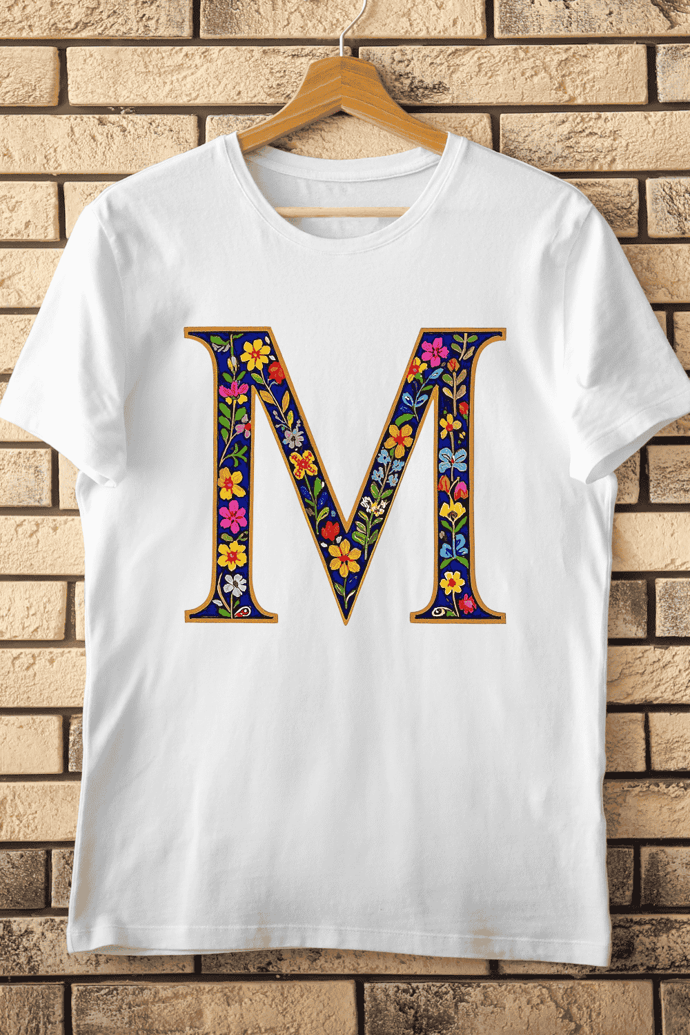 Decorative Alphabet M with Blossoms T-Shirt Design pinterest preview image.